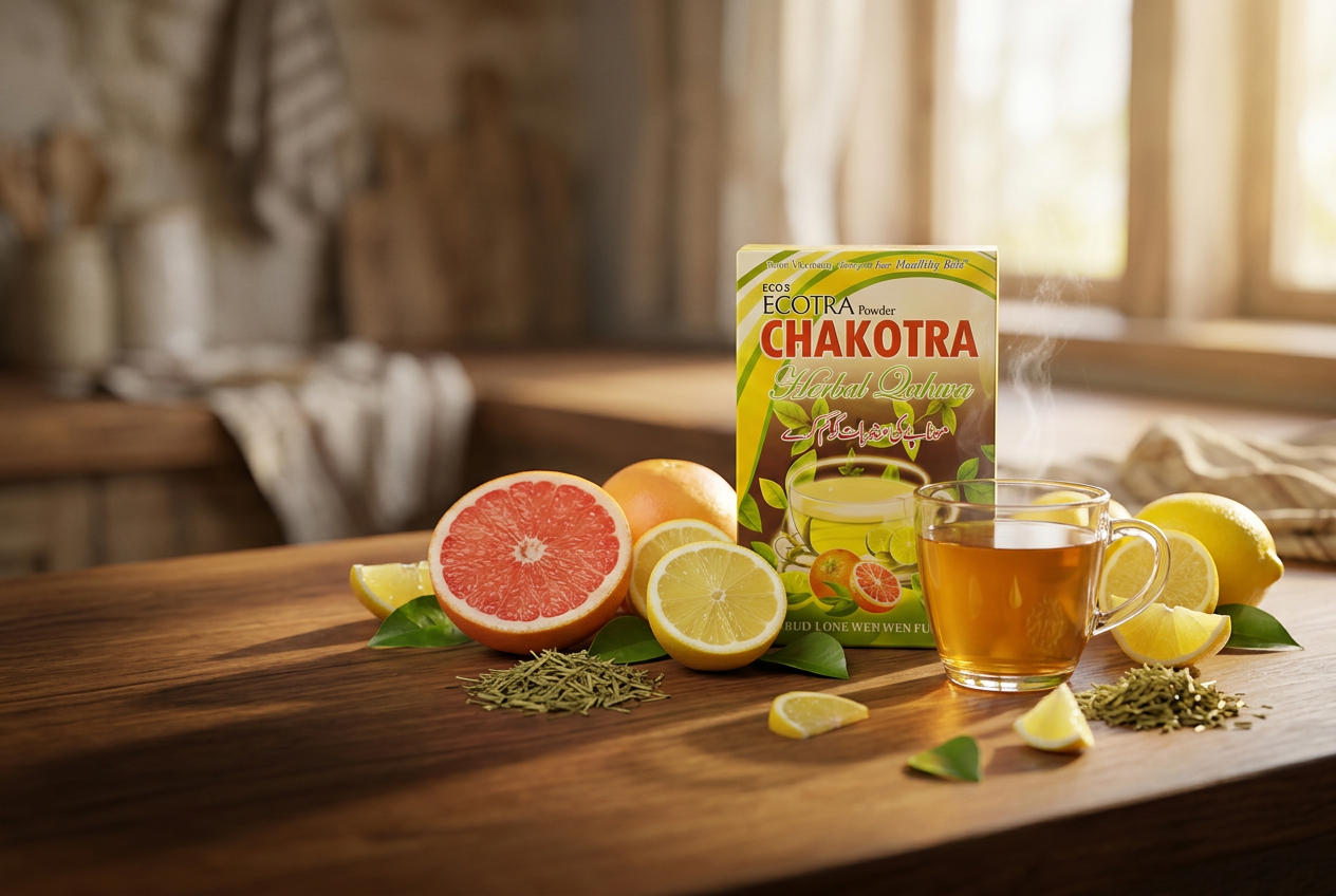 Chakotra Herbal Qahwa staged with citrus and herbs