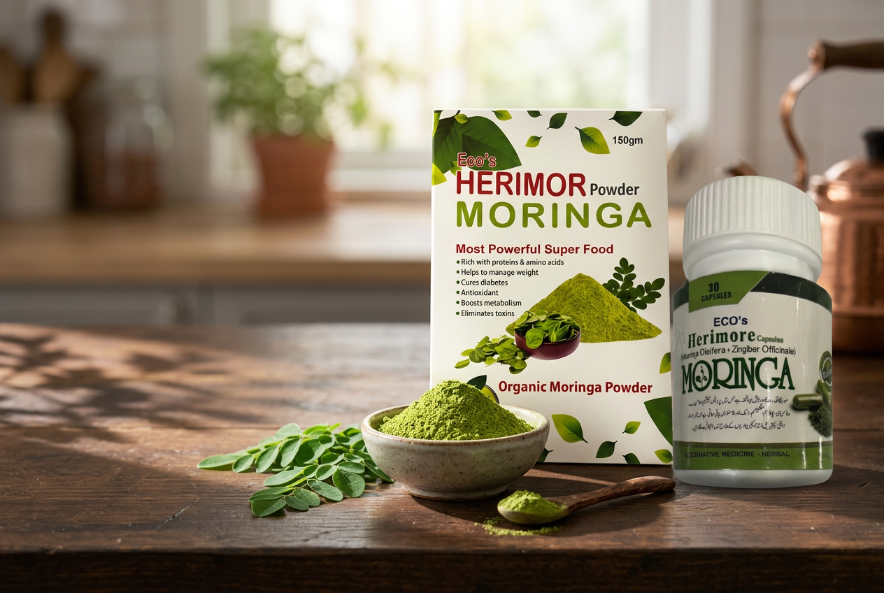 Moringa powder and capsules with fresh moringa leaves